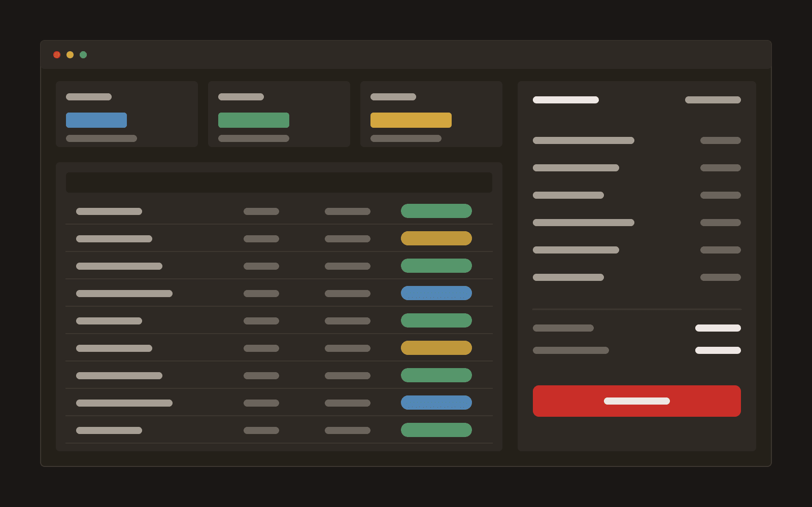 Illustration of a dashboard with indicators, a stock table with its status and an invoice beside it.
